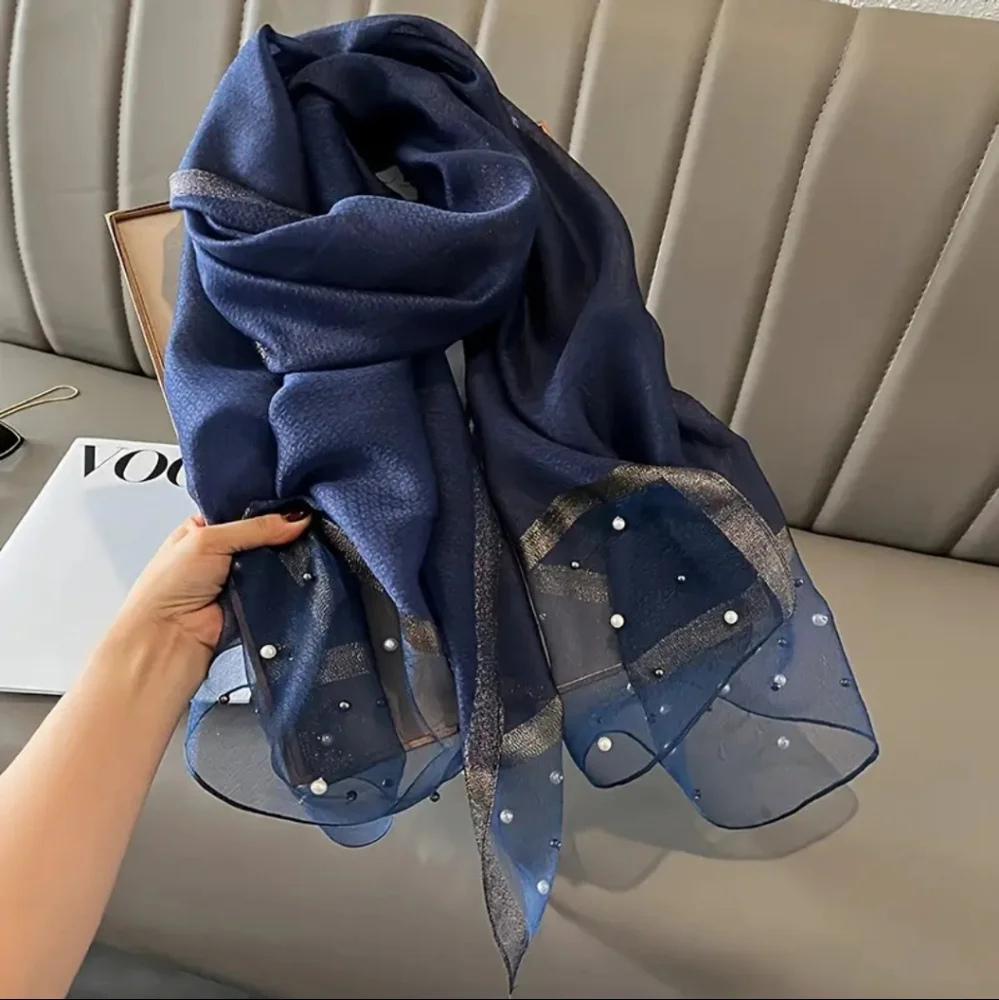 Scarf Elegant Navy Blue Pearl-Embellished with Gold Accent
